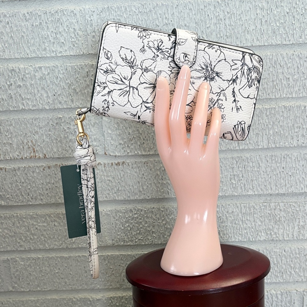 NEW Vera Bradley Black & White Leather Phone Wristlet Wallet Bloom Cottage Cream